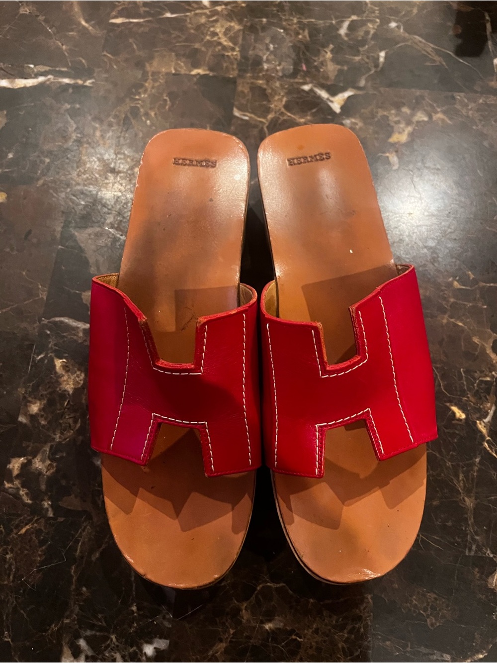 Hermes Red Slide Sandals with 'H' Cutout